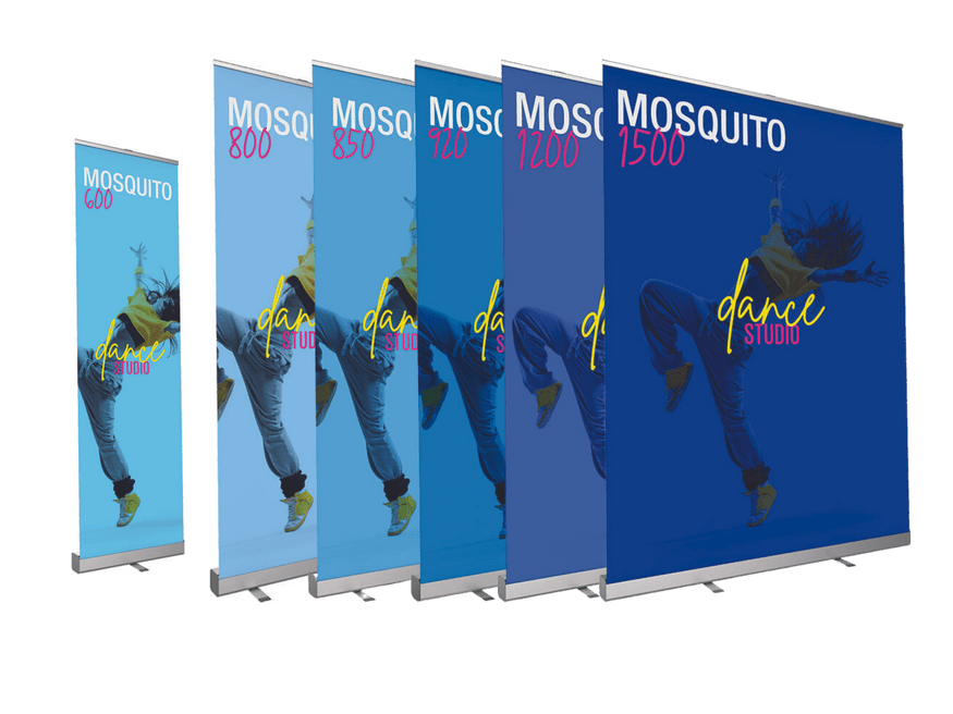 Image of multiple mosquito banner stands in blue with the word mosquito