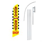 Auto Body Shop Yellow/Red Swooper/Feather Flag + Pole + Ground Spike