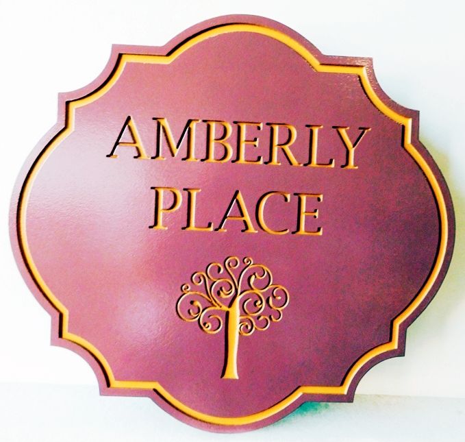 I18328- Engraved Property Name Sign "Amberly Place" with Stylized  Tree