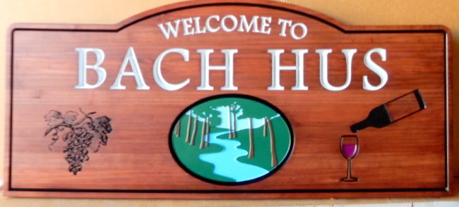 R27352 - Carved Engraved Wood Sign "bach Hus" with Wooded Scene and Grape Cluster  