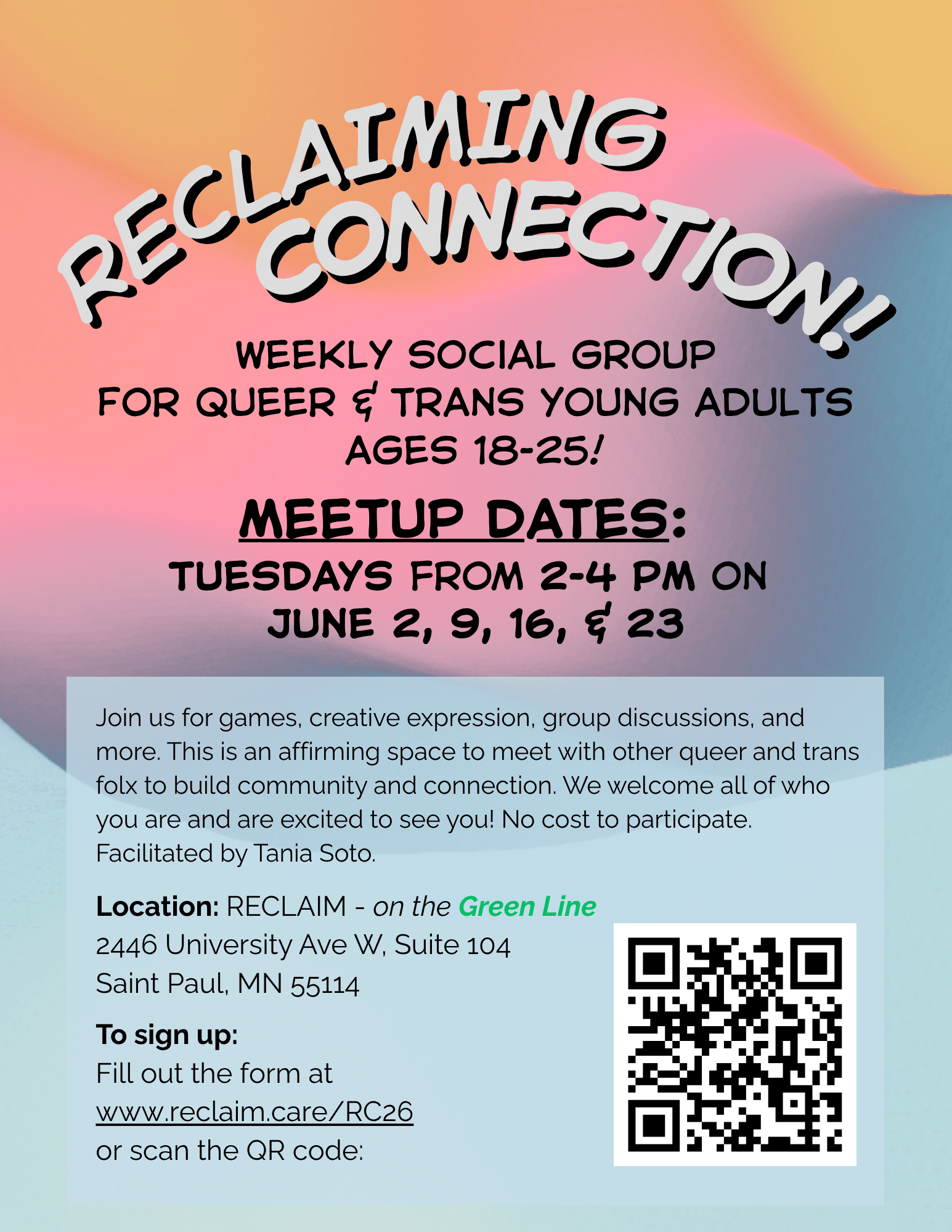 Reclaiming Connection Event Flyer with Time & Dates