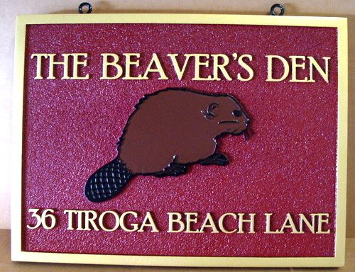 M22917 - Carved Lake Cottage Address Sign, "The Beaver's Den", with Beaver