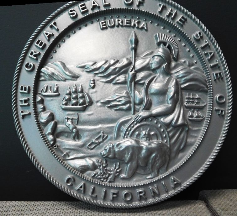 W32038- Large Carved 3-D Bas-Relief Silver-Nickel Coated Wall Plaque  of the Seal of the State of California, no Patina