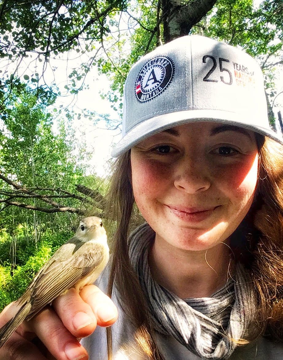 [Image Description: Big Sky Watershed Corps member smiling holding a native bird for a wildlife survey.]