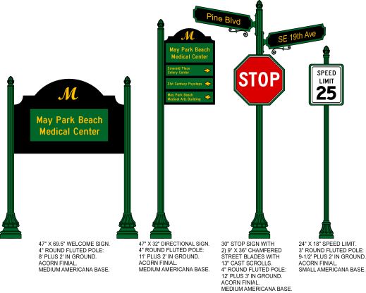 M4301 - Different Sign Configurations Using  Aluminum  Round SignPost with Americana Base and Acorn Finials