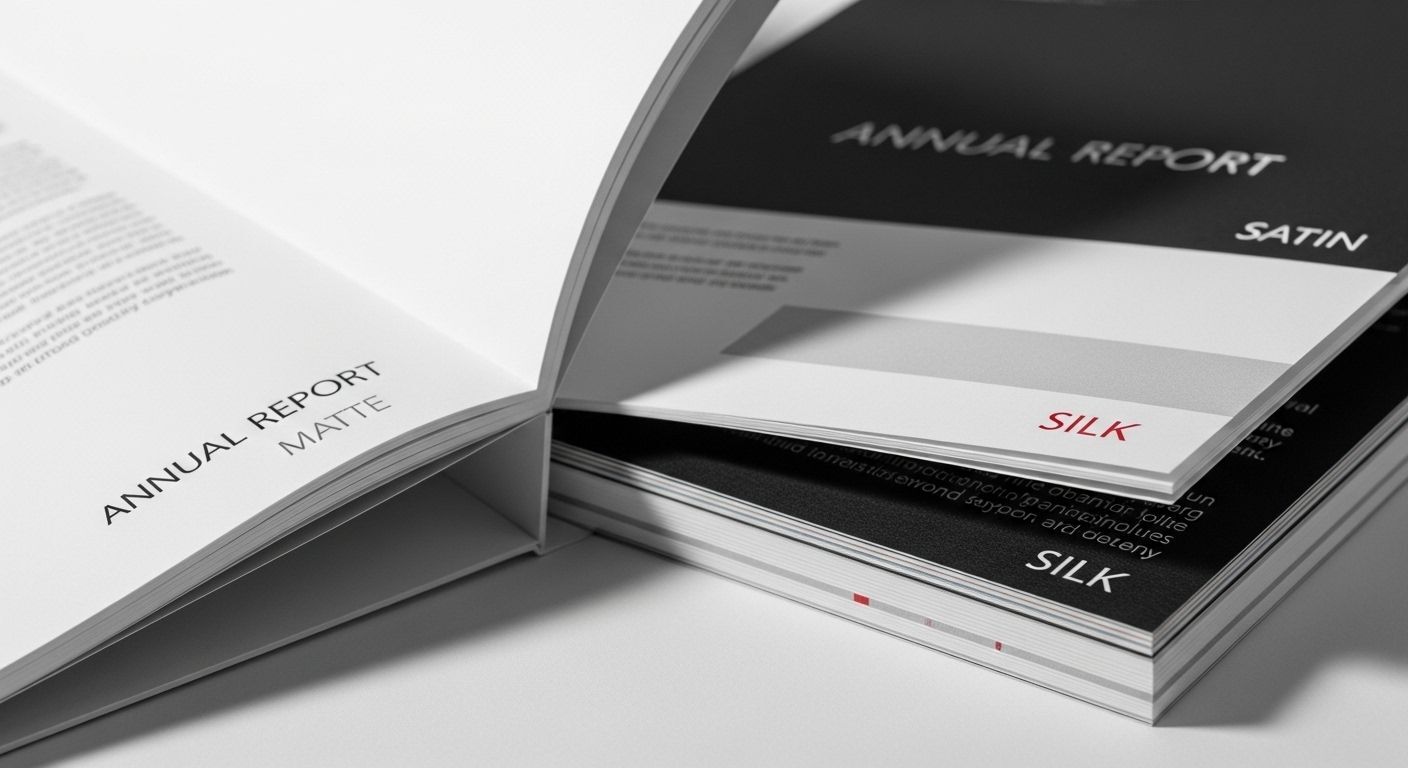 High-quality annual report printing highlighting smooth matte and silk paper textures with professional binding detail