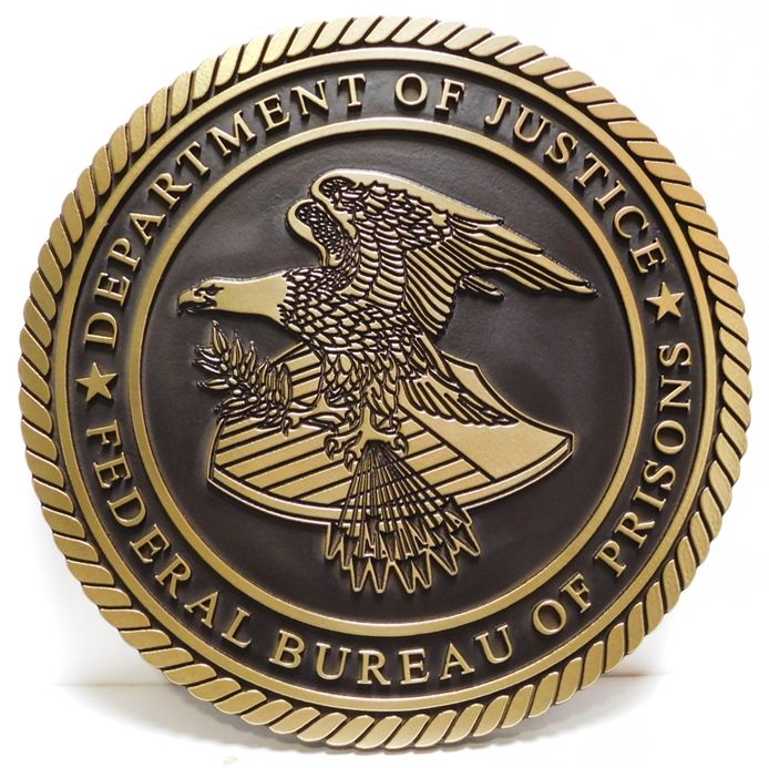 AP-2350 - Carved Plaque of the Seal of the US Department of Justice, 2.5-D Outline Relief, Painted Metallic Brass and Dark Bronze 