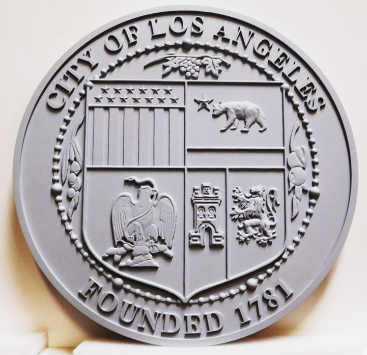 DP-1643 - Carved Plaque of the Seal of the City of Los Angeles , 2.5-D Raised Relief, Painted Gray