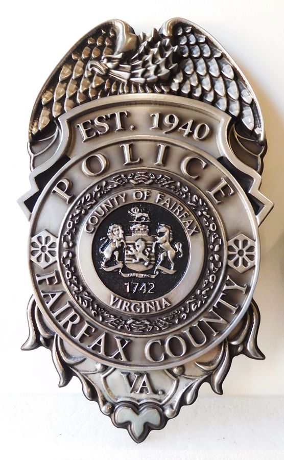 X33608 - 3-D Metal-Coated Badge of the Police Department of Fairfax County, with Rubbed Black Paint Effect