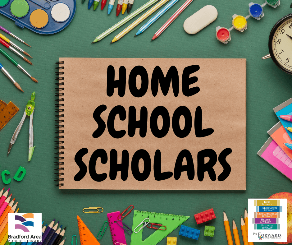 A brown notebook with the words, "Home School Scholars" written on the cover.  The notebook is surrounded by pencils, erasers, markers, etc.