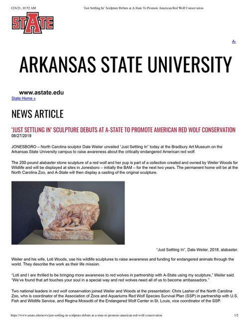 Just Settling in’ Sculpture Debuts at a-state to Promote American Red Wolf Conservation