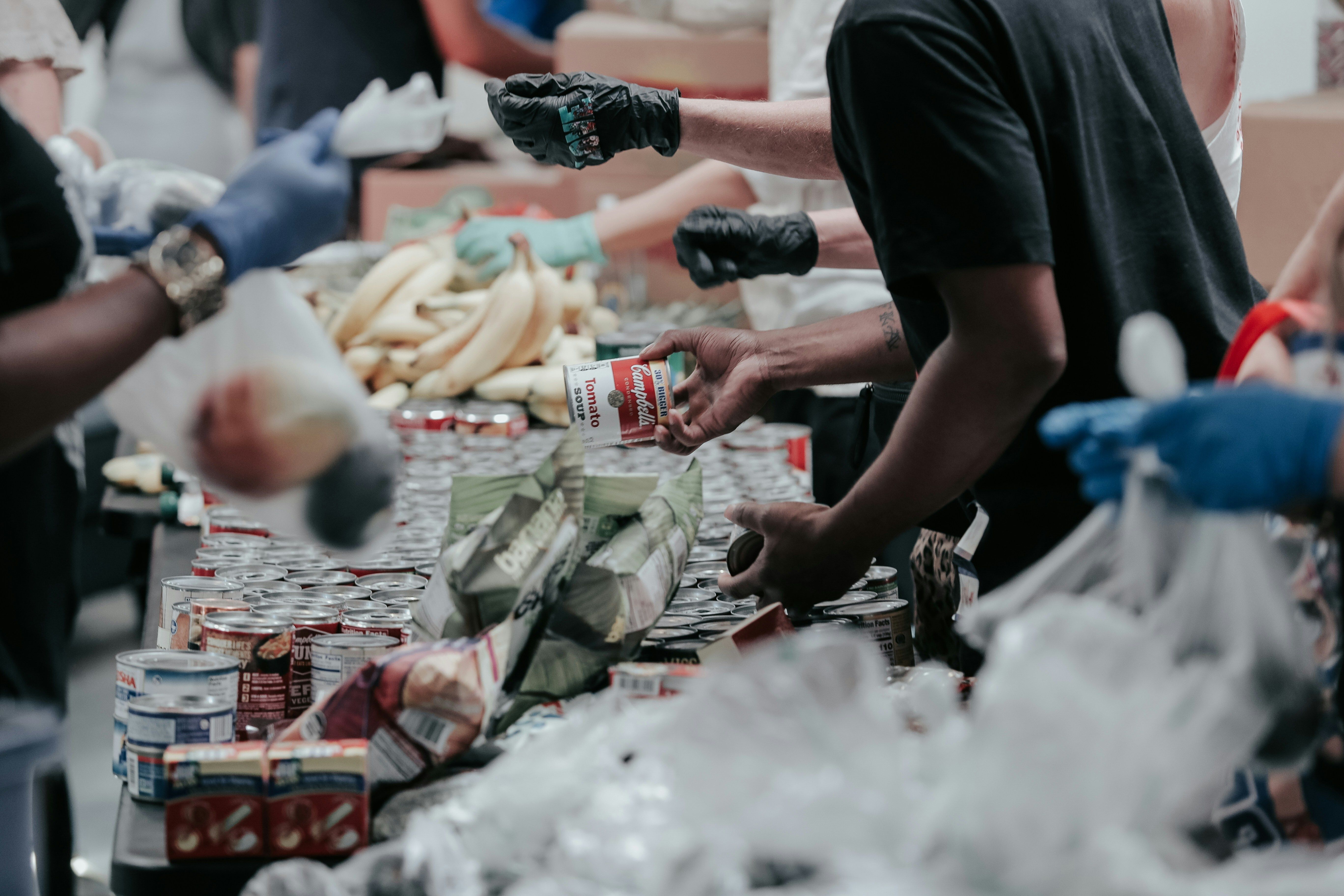 Volunteers handing out food.
