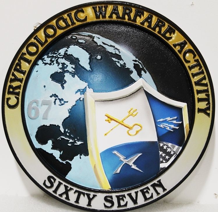 JP-2361 - Carved 2.5-D Multi-level HDU Plaque of the Crest of  of the Cryptologic Warfare Activity Sixty-Seven, US Navy 