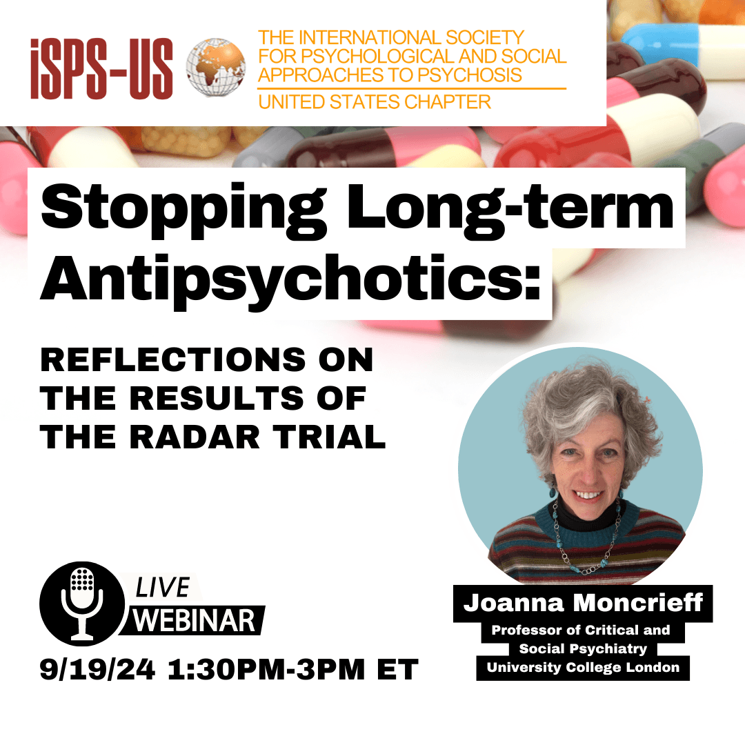 Stopping Long Term Antipsychotics. Image of Joanna Moncrieff. Date 9/19/25 1:30-3pm Eastern time. Background of pills on a white background.