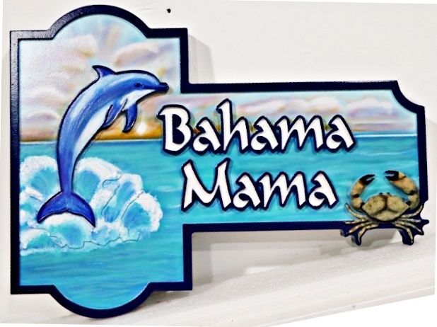 L21382A - Carved and Sandblasted HDU Sign for "Bahama Mama" with Dolphin and Crab as Artwork