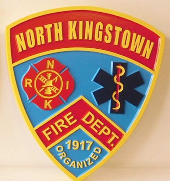 QP-2080 - Carved Wall Plaque of  the Shoulder Patch of the North Kingstown Fire Department, Rhode Island, Artist Painted 
