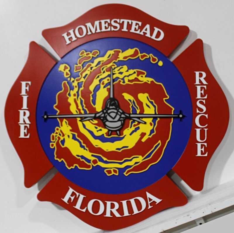 QP-1148 - Carved and Artist-Painted High-Density-Urethane Plaque of the Badge of the Homestead, Fire Rescue, Florida