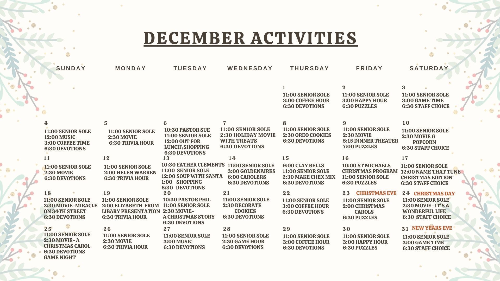 Downloadable Activities Calendar