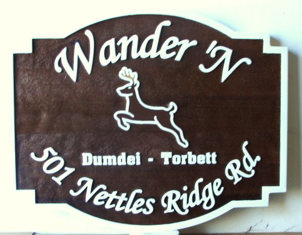 M22638 -  Carved Wood Cabin Sign "Wander'N", with Leaping Deer