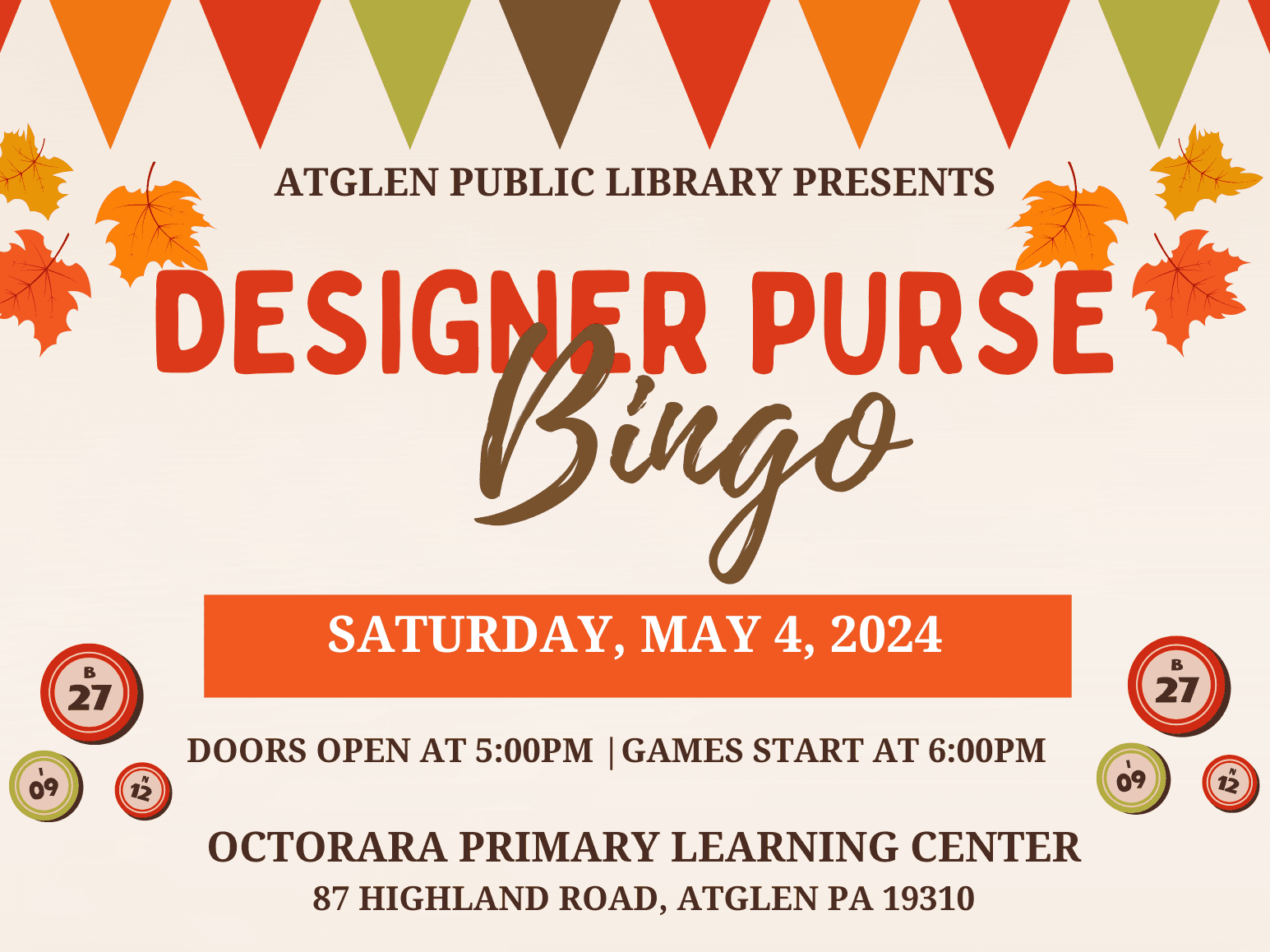 Atglen Public Library's Designer Bag Bingo fundraiser, November 9 2024