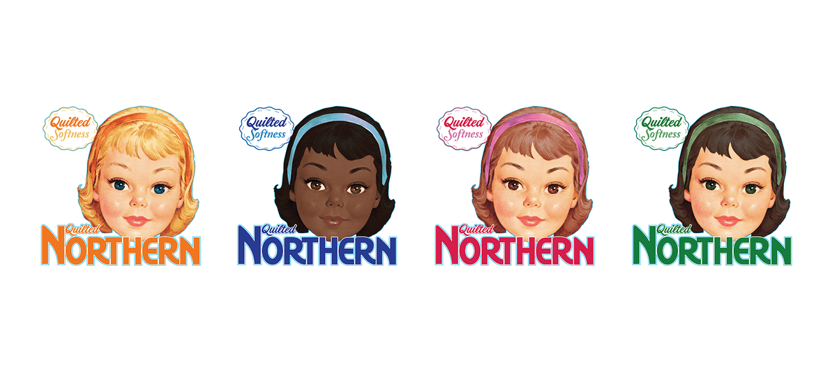 Four versions of die cut vinyl decal showing vintage Quilted Northern mascot in different color variations and skin tones