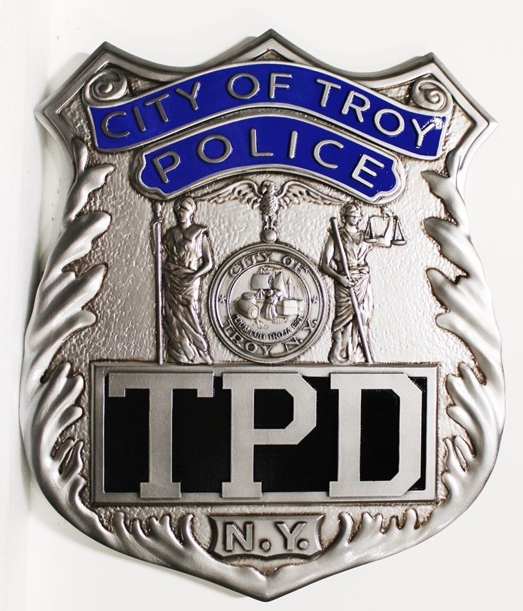 PP-1503 -  Carved 3-D Bas-Relief HDU Plaque of the  of the Badge of  an Officer of the Troy Police Department (TPD)