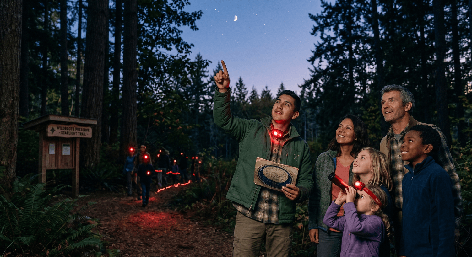 Leo Martinez leads a family night hike at WildRoots. Families with red headlamps look up as he points to the moon and stars in a tall evergreen forest. A child uses a telescope while a distant trail of hikers glows in the dark.