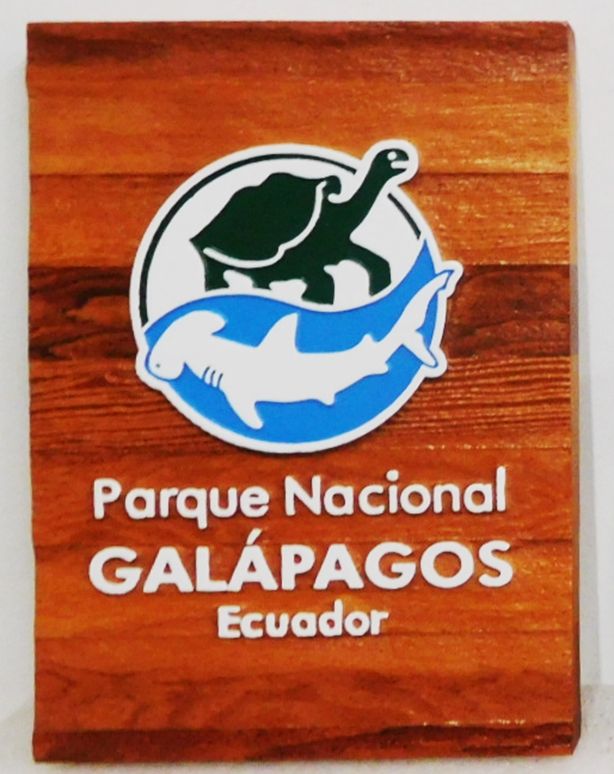 L21667- Carved Cedar Sign for Galapagos National Park,  Ecuador , featuring a Tortoise and Hammerhead Shark as Artwork