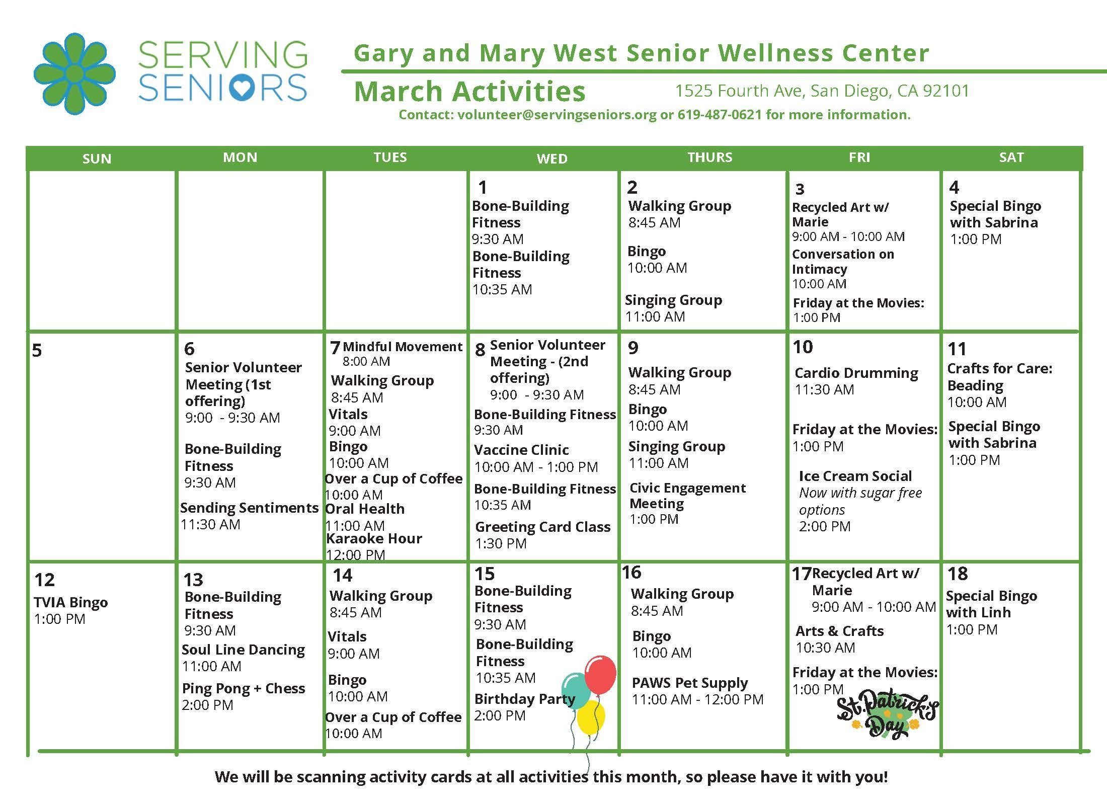 Click to download the Gary and Mary West Senior Wellness Center March Activities Calendar