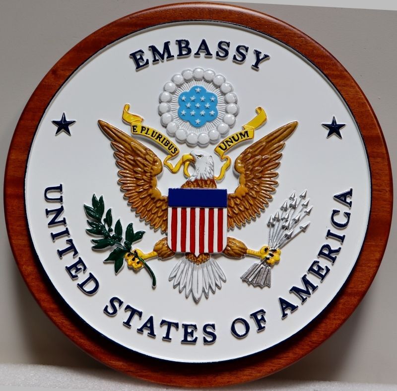 AP-3798 - Carved 3-D Bas-Relief U.S. Embassy Seal Plaque with Great Seal of the United States, Carved and Painted on Mahogany