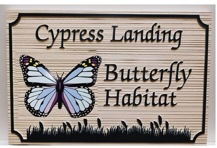 GA16711 - Carved and Sandblasted Wood Grain High-Density-Urethane (HDU)  Sign "Butterfly Habitat"  for Cypress Landing. 