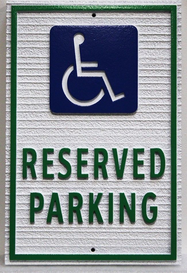 H17331 - Carved 2.5-D Raised and Engraved Relief Sandblasted Wood Grain High-Density-Urethane (HDU) Handicapped Reserved Parking Sign, with Wheelchair Symbol as Artwork 