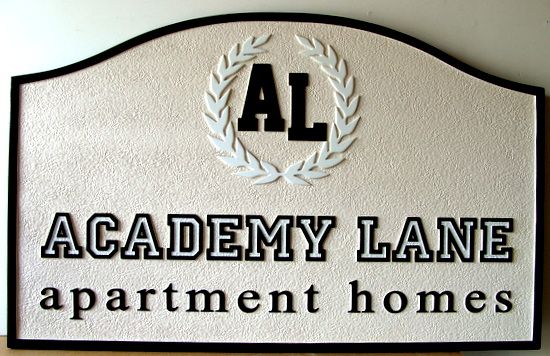 K20157 - Carved and Sandblasted HDU Apartment Entrance Sign,"Academy Lane" with Wreath Logo