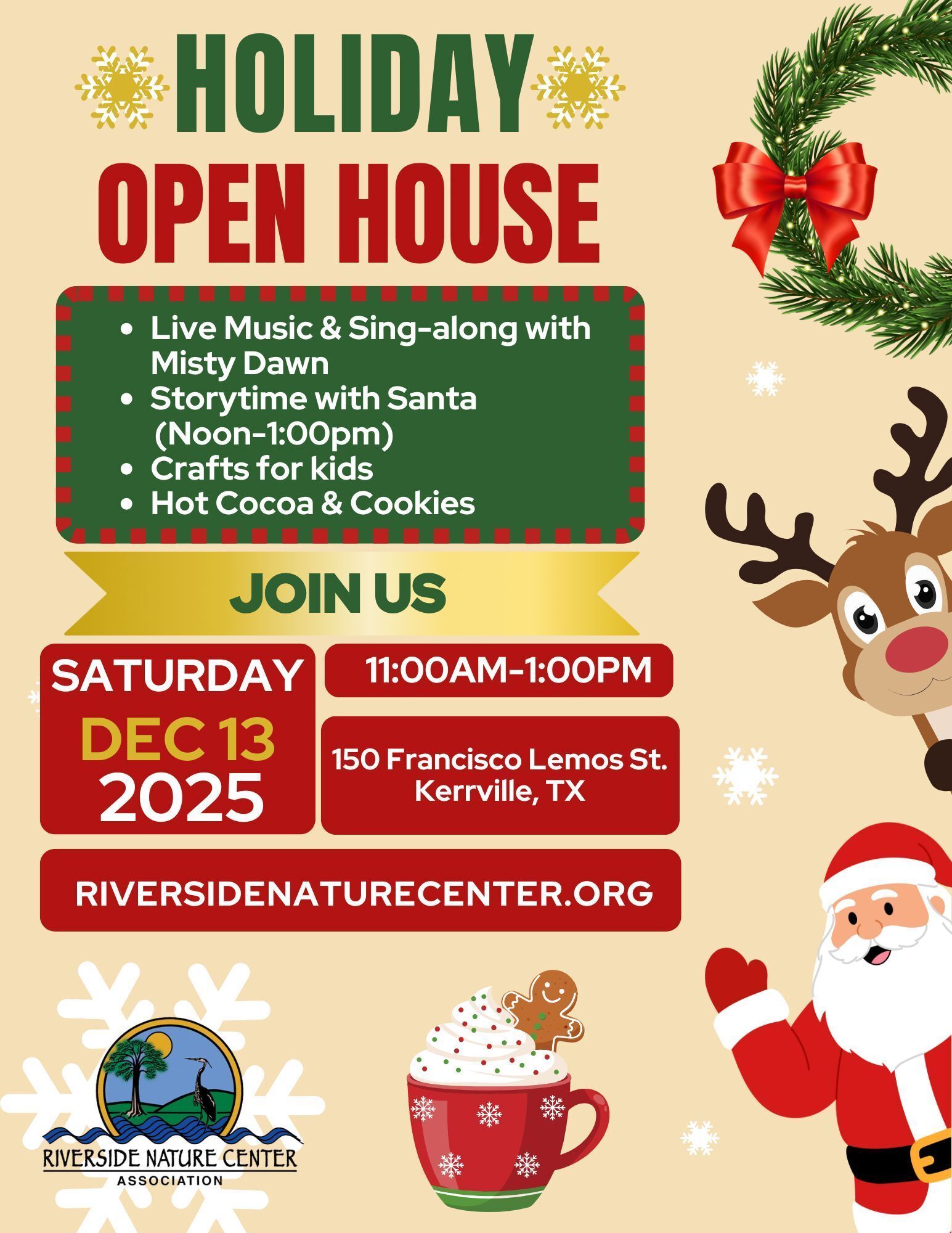 Music singalong, story time, crafts, Santa near me, Christmas, Holiday party near me, Kerrville Texas, Riverside Nature Center