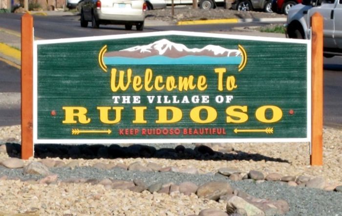 M4802 - Two  6 " x 6" Cedar Wood Side Posts Supporting  a Large HDU Entrance Sign for the Village of Ruidosa
