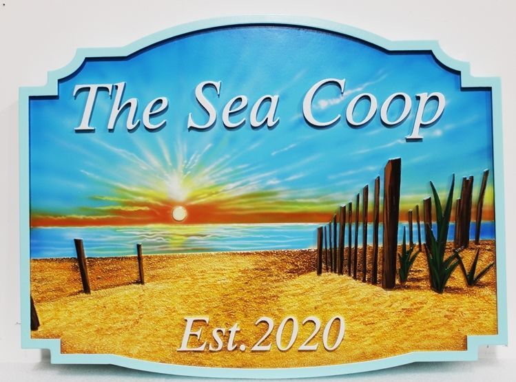 L21212 - Carved and Sandblasted 2.5-D Multi-level Relief HDU Beach House Name  Sign "The Sea Coop", with Sunset over Ocean. Beach, and Wood Fence Posts.