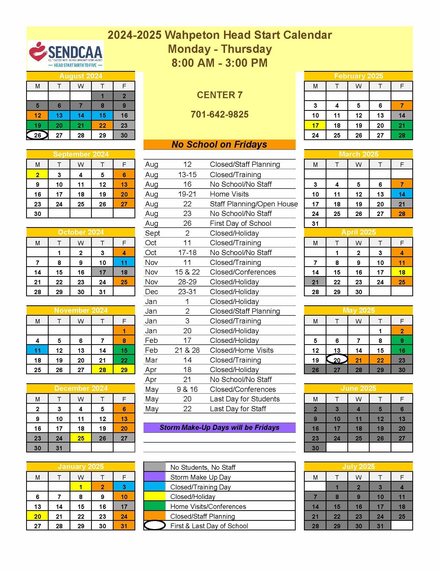 2024-2025 Head Start Wahpeton Calendar