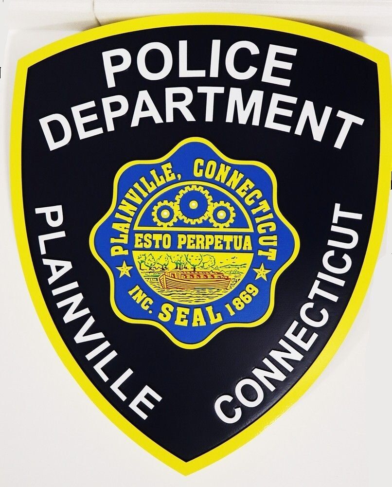 PP-2495 - Carved Plaque of the Shoulder Patch of the Police Department of the City of Plainville, Connecticut