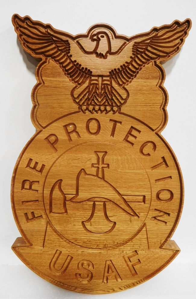 QP-1344 - Carved Plaque of the Crest/Badge of  US Air Force Fire Protection Squadrons, 2.5-D Engraved Mahogany