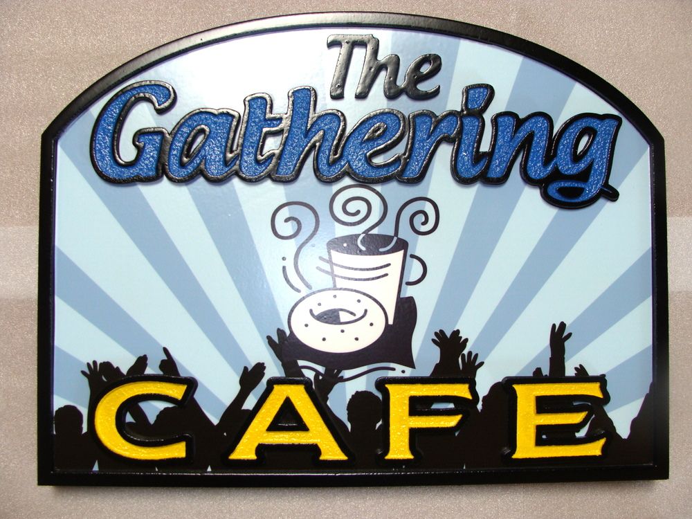 Q25552 - Carved HDU Sign for "The Gathering Cafe" with Carved Coffee Cup and Donut, Silhouette of People