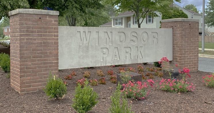K20070  - Engraved / Recessed Text High-Density-Urethane (HDU)  residential Community  Sign "Windsor Park". 