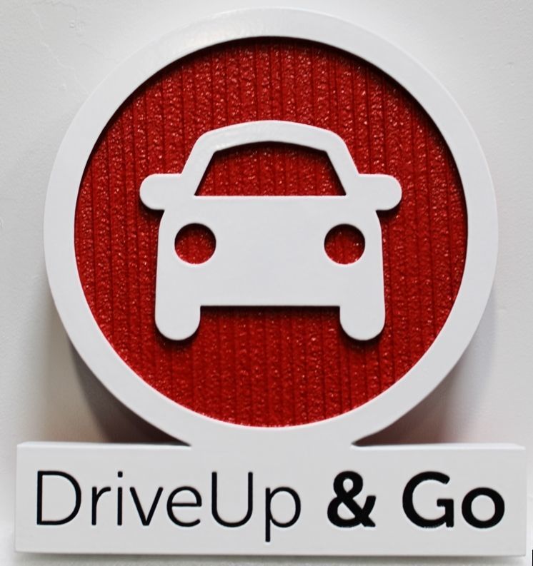 SA28833 - Carved Engraved and Raised Relief HDU Sign"DriveUp and Go", a Stylized Automobile as Artwork