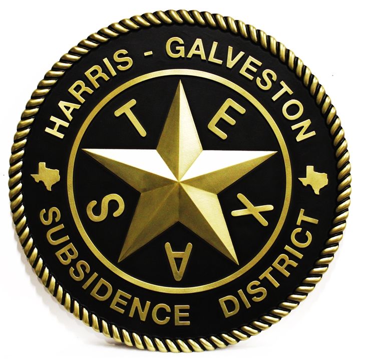 CP-1227 - Carved Plaque of the Seal of Seal of Harris-Galveston District, Texas, 3-D Brass-Plated 
