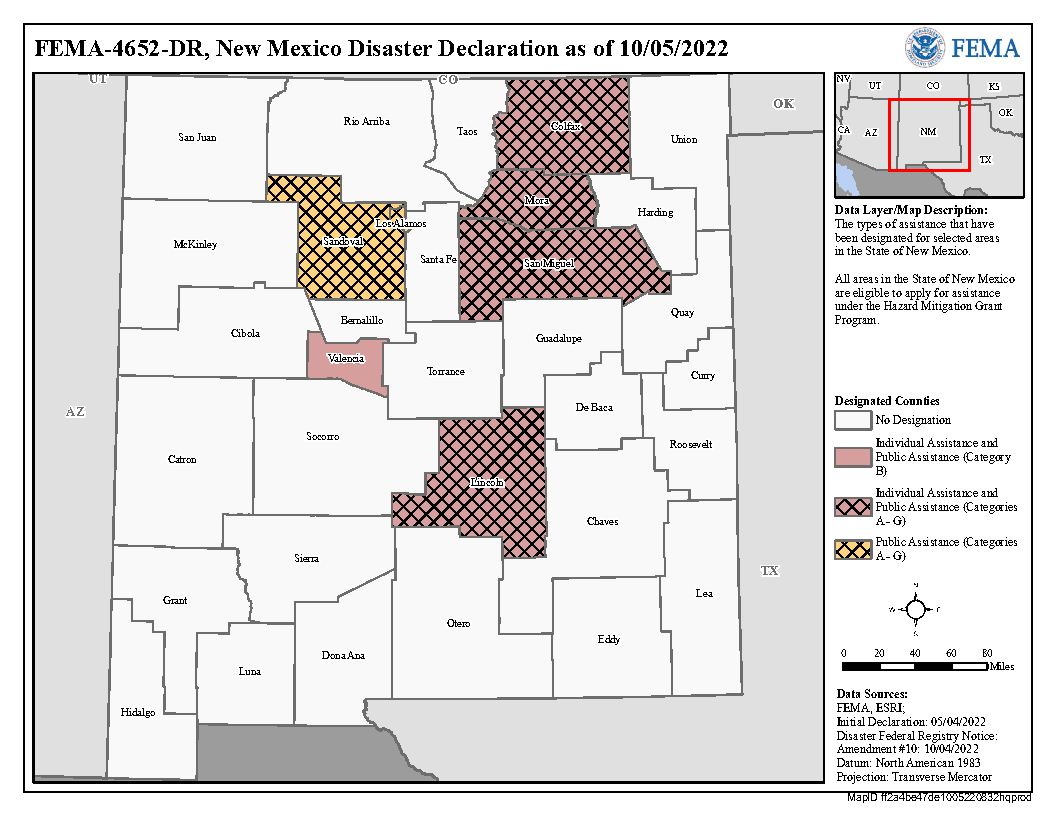 FEMA Map of New Mexico Disaster Declaration as of 10/05/2022 highlighting the counties of Colfax, Mora, San Miguel, Sandoval, Valencia, and Lincoln.