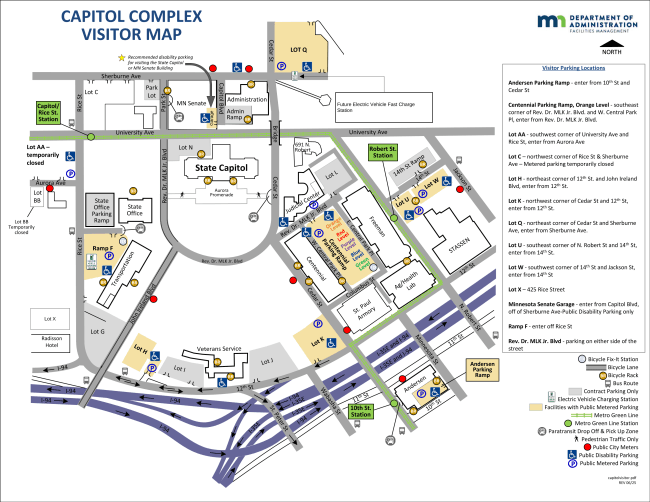 Map detailing the parking and transportation available at the Minnesota State Capitol Building