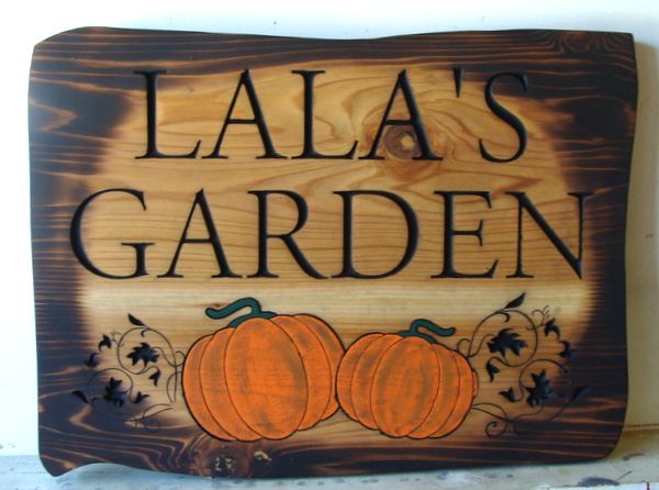 GA16702 - "Burned" Rustic Look, Cedar Wood Sign for Garden with Carved Pumpkins and Vines