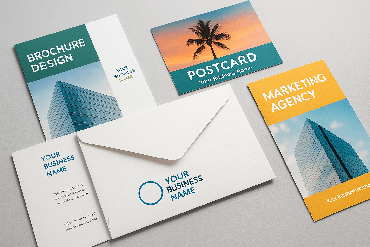 Stack of modern printed marketing materials including brochures, postcards, and custom envelopes designed for Palm Beach County businesses.