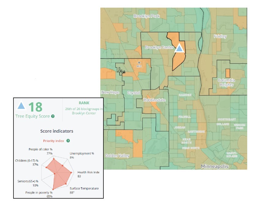 Hennepin County map showing tree equity and tree equity score for a particular blockgroup in Brooklyn Center