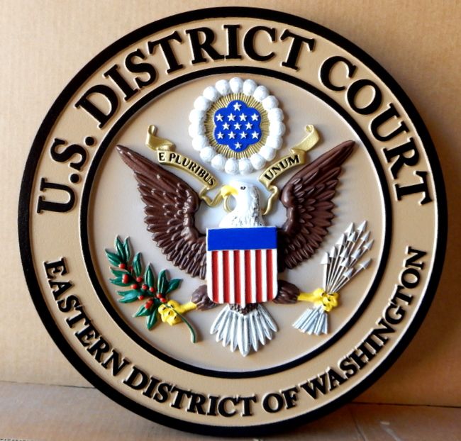 A10816 - Carved 3D Hand-Painted Full Color Wall Plaque of the Great Seal of US District Court, Eastern Wahington ( Official Colors)