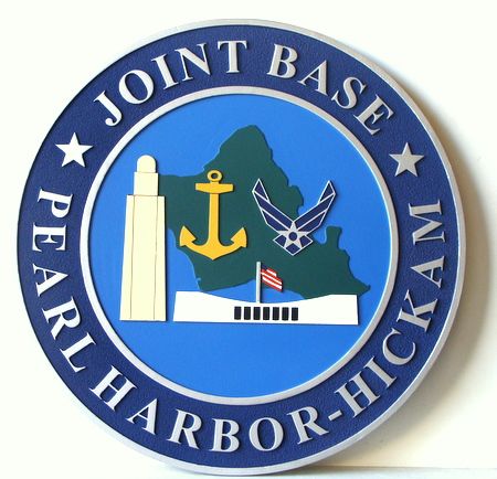 IP-1940 - Carved Plaque of the Seal of the Joint Base, Pearl Harbor- Hickam,  Artist Painted 